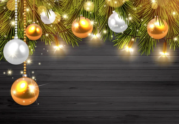 テキストのスペースの木製の背景のベクトル イラスト クリスマス ツリーの枝 クリスマスの照明で空白の背景 — ストックベクタ