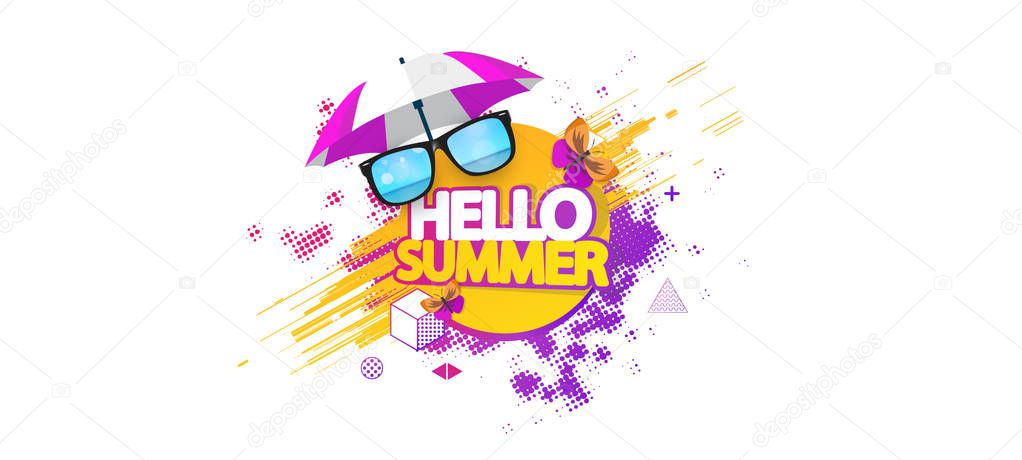 hello Summer Vector Background. Abstract Summer Label with sunglasses