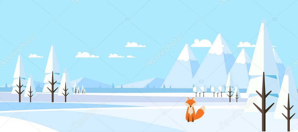 Winter Landscape with Fox in Flat Style Illustration