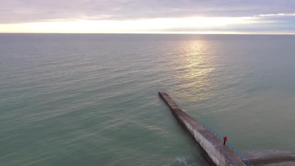 黒海のモグラと曇りの日 ソチは ロシアの小石のビーチのドローン ビュー — ストック動画