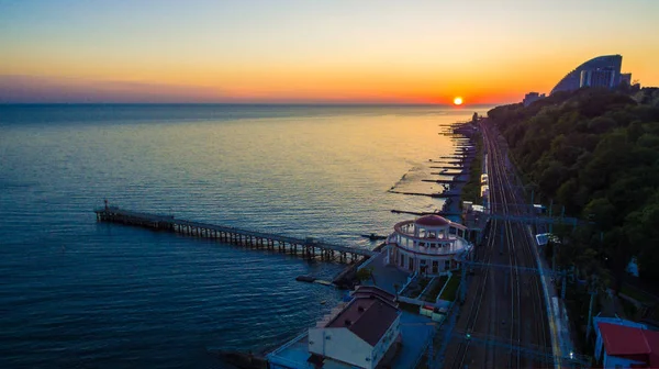 Drone View Seaside Matsesta Marine Station Railroad Mountainside Sunset Sochi — Stock Photo, Image