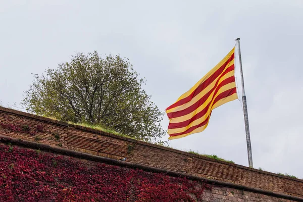 蒙朱伊克城堡上空的西班牙国旗 — 图库照片