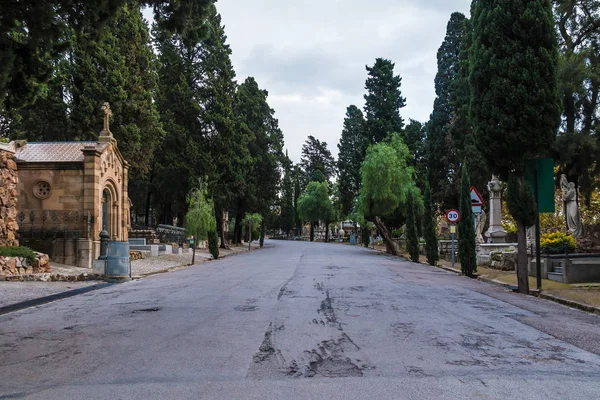 Tombe, alberi e strade sul cimitero di Montjuic, Barcellona, Spagna — Foto Stock