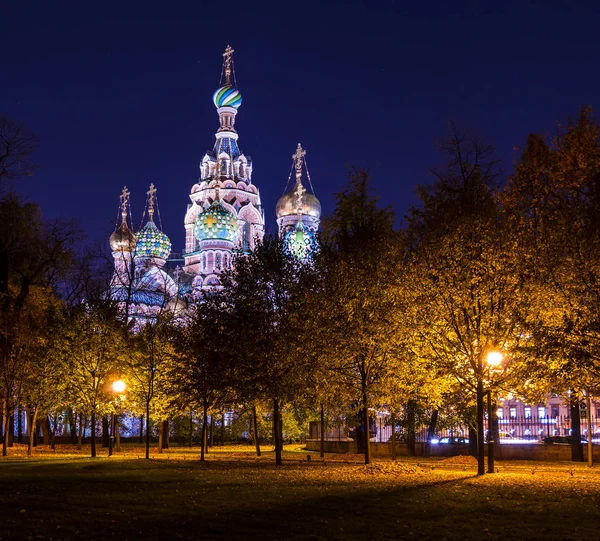 Uppståndelsekyrkan på Blood och Mikhailovsky Garden på natten — Stockfoto