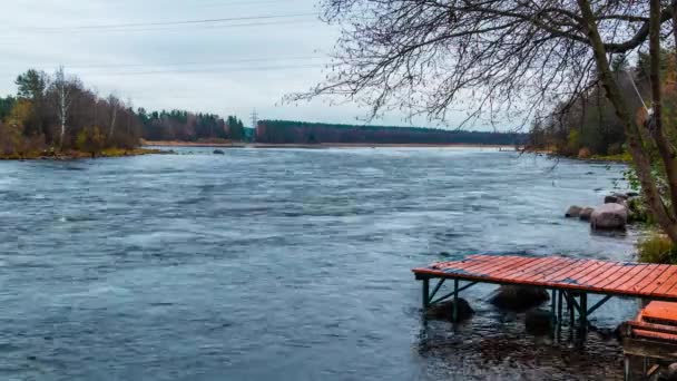 Time Lapse Відео Річці Вуоксі Голими Деревами Берегах Хмарний Осінній — стокове відео