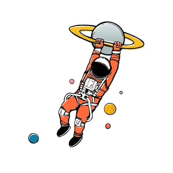 Ilustración dibujada a mano, astronauta en espacio abierto — Vector de stock