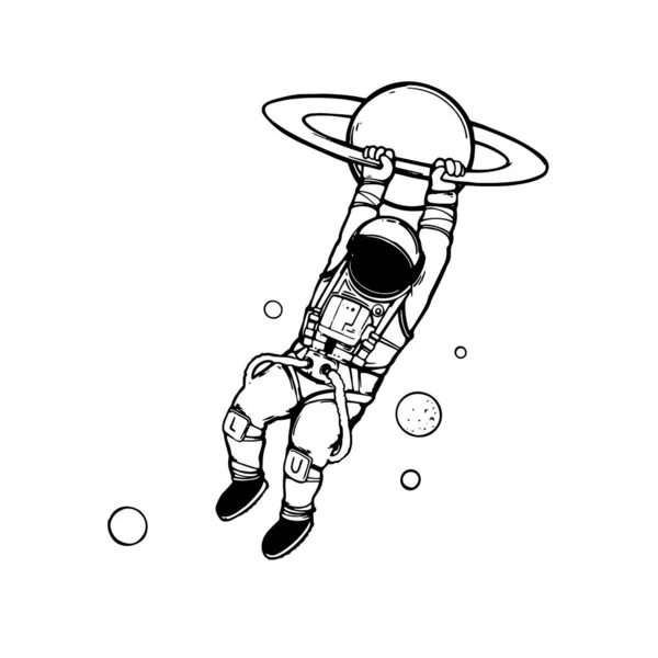 Ilustración dibujada a mano, astronauta en espacio abierto — Vector de stock