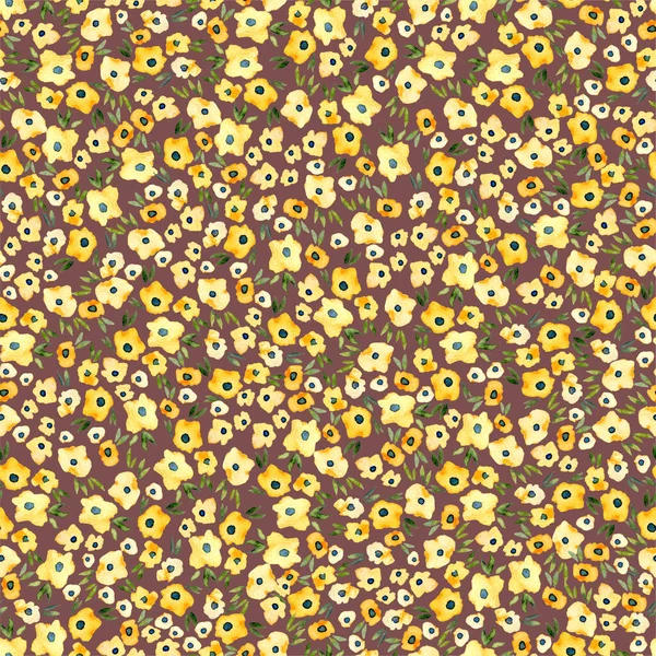 Bunga kuning kecil dengan latar belakang coklat. Cute floral seamless pola. Ilustrasi warna air untuk tekstil, cetak, pembungkus, kain, kertas dinding, linen. — Stok Foto
