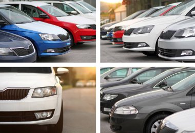 4 images, collage, concept of new cars for sale parked in front of a car, motor dealer store, shop clipart
