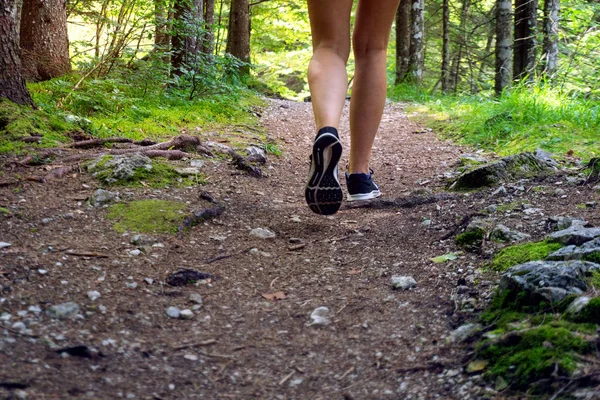 Woman walking in a forest, woods, low angle hiking, trail running concept image