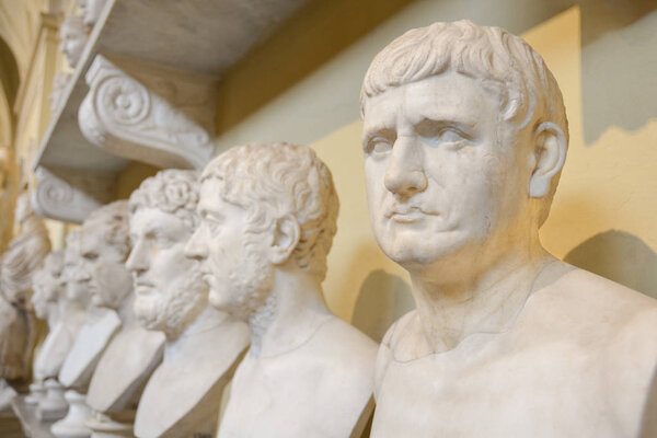 Ancient Roman busts of emperors and philosophers