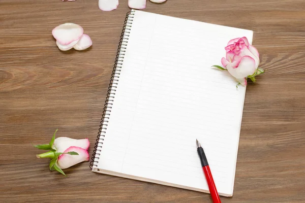 Rosebuds Notebook Lie Wooden Table — Stock Photo, Image