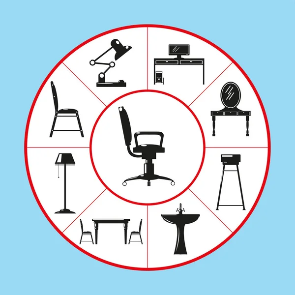 Eine Reihe Von Vektorsymbolen Form Eines Kuchendiagramms Zum Thema Wohnmöbel — Stockvektor