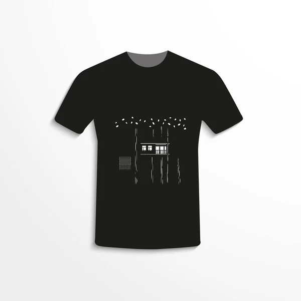 Camiseta Negra Con Imagen Una Casa Los Árboles Por Noche — Archivo Imágenes Vectoriales