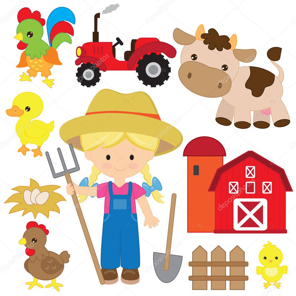 Cute farmer girl vector cartoon illustration.