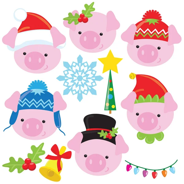 Christmas pig face vector cartoon illustration — Stock Vector