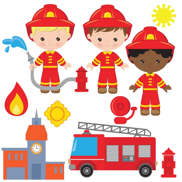 Kleine Junge Feuerwehrmann Vektor Cartoon Illustration — Stockvektor