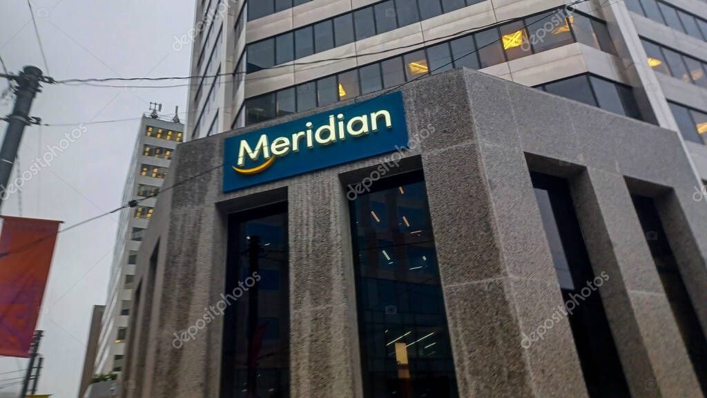 Toronto, ON, Canada - February 17, 2025:  View at Meridian Bank logo in Downtown Toronto.