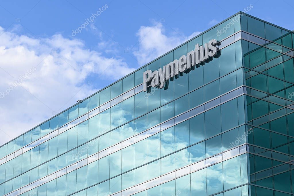 Toronto, ON, Canada  June 20, 2025: View at the Paymentus Fintech IT company logo..