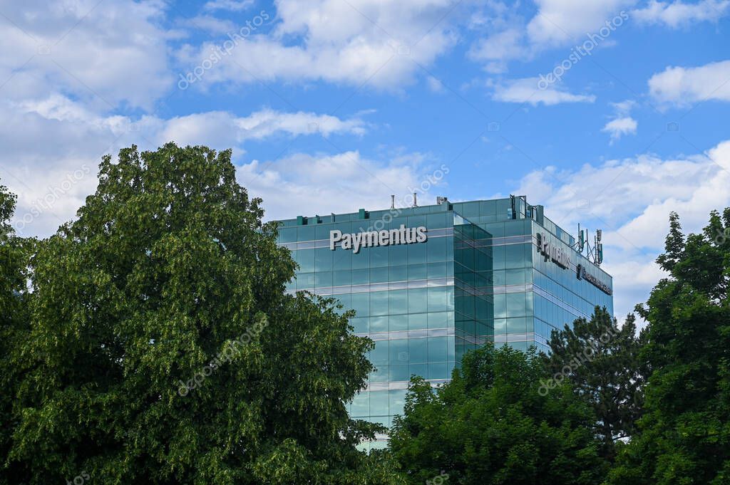 Toronto, ON, Canada  June 20, 2025: View at the Paymentus Fintech IT company logo..