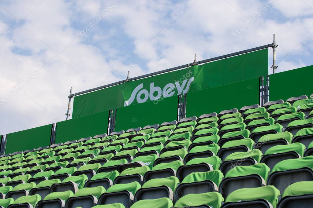 Toronto, ON, Canada  March 30, 2025: The logo and brand sign on Canadian retail business Sobeys grocery store in Toronto.