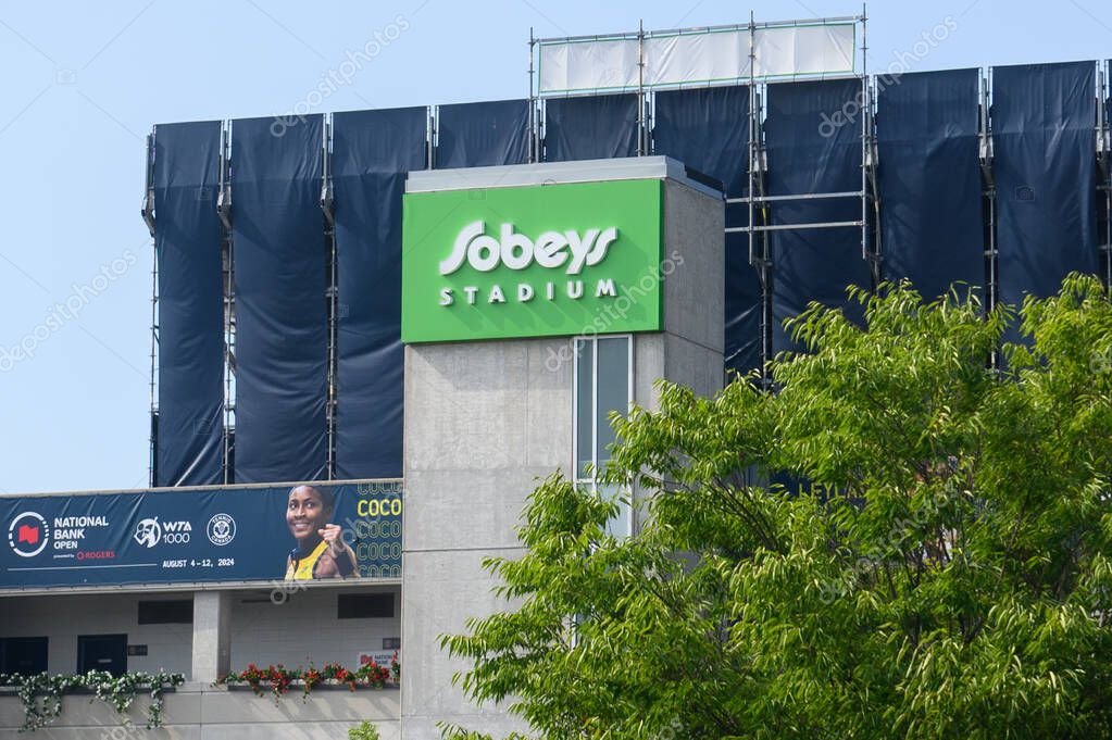 Toronto, ON, Canada  March 30, 2025: The logo and brand sign on Canadian retail business Sobeys grocery store in Toronto.