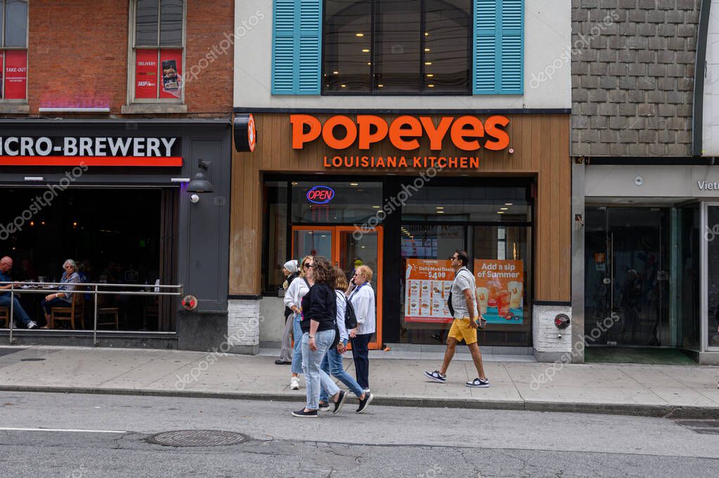 Toronto, ON, Canada  August 12, 2025: View at the sign of Popeyes Louisiana Kitchen company..