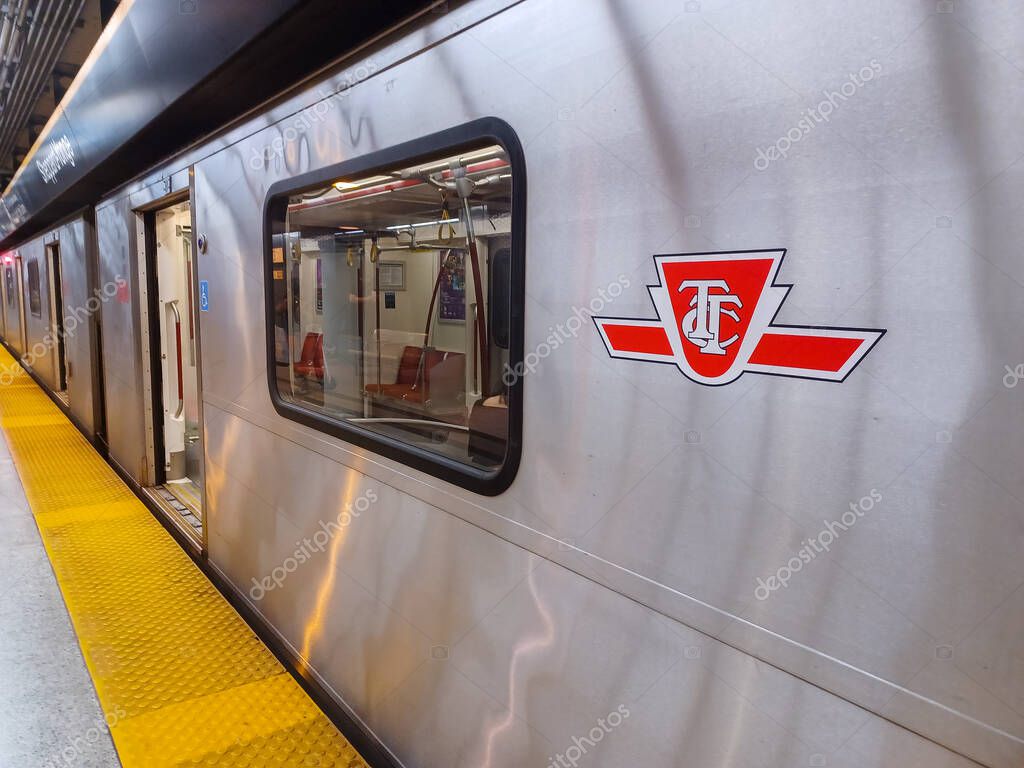 Toronto, ON, Canada  April 30, 2025: The sign of the Toronto Transit Commission transport company in Downtown Toronto..