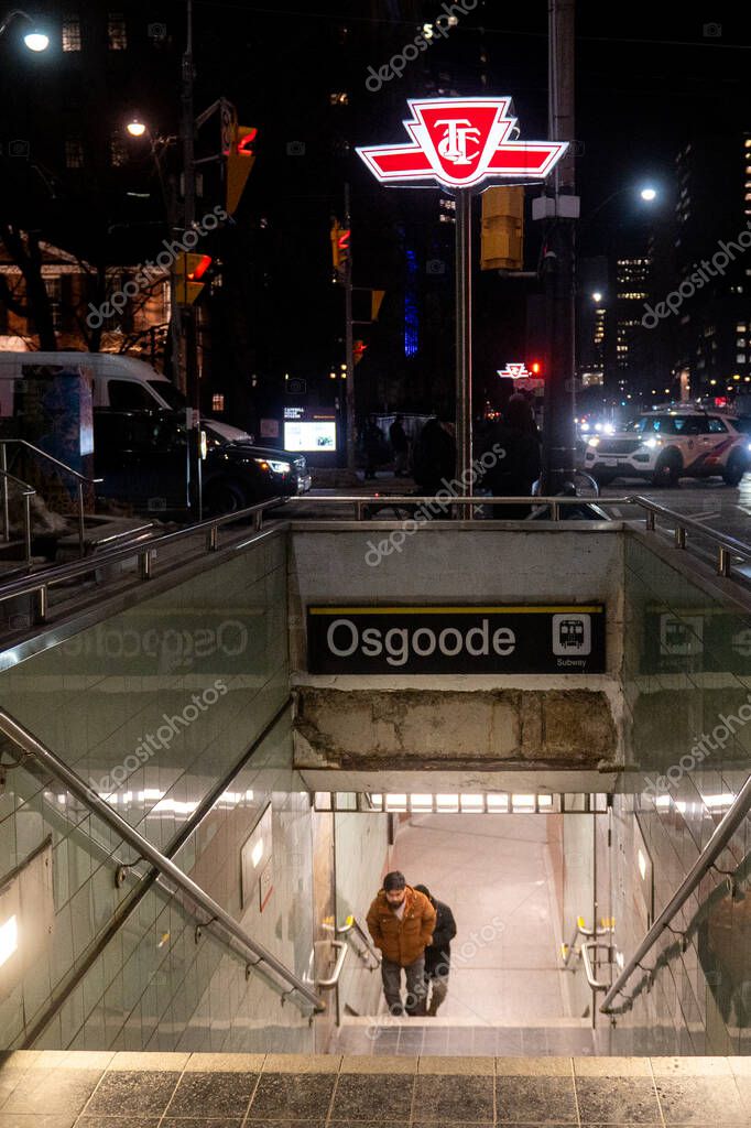 Toronto, ON, Canada  April 30, 2025: The sign of the Toronto Transit Commission transport company in Downtown Toronto..