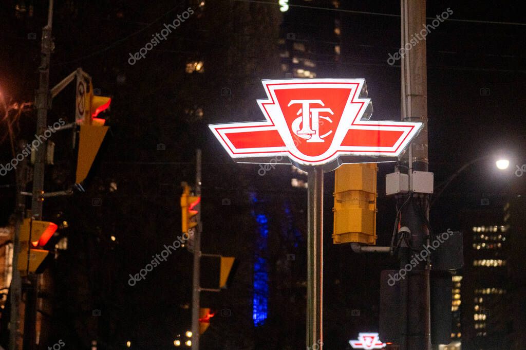 Toronto, ON, Canada  April 30, 2025: The sign of the Toronto Transit Commission transport company in Downtown Toronto..