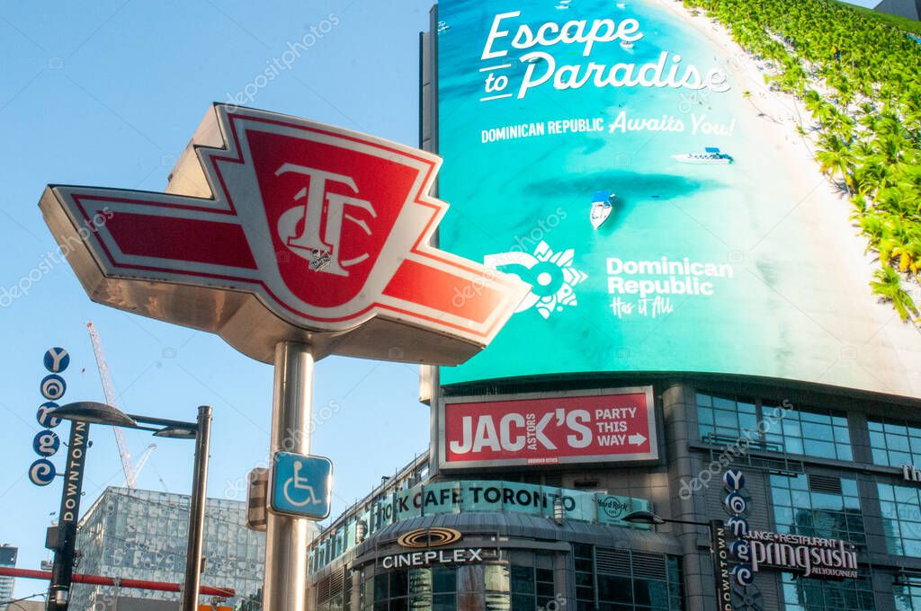 Toronto, ON, Canada  April 30, 2025: The sign of the Toronto Transit Commission transport company in Downtown Toronto..