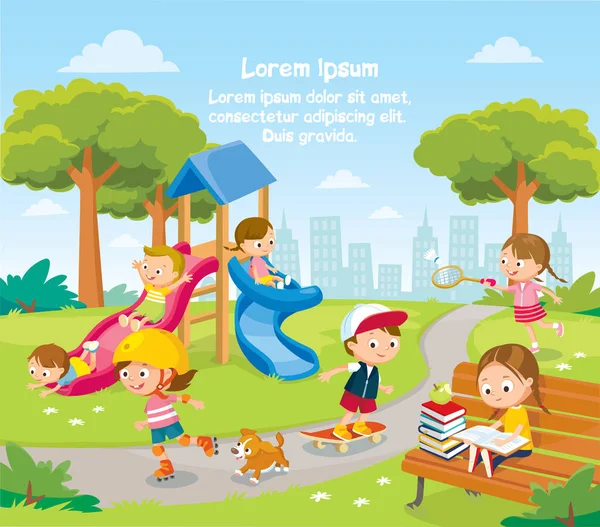 Ilustración Verano Con Niños Jugando — Vector de stock