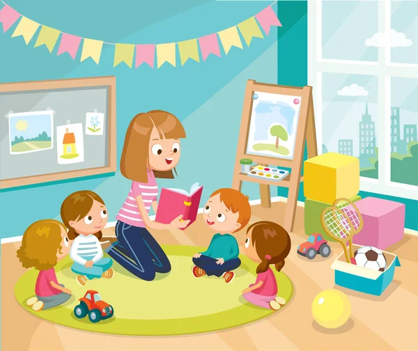 Dzieci Słuchać Nauczyciela Nauczycielka Czytania Książki Dla Dzieci Opiekunki Dzieci — Wektor stockowy