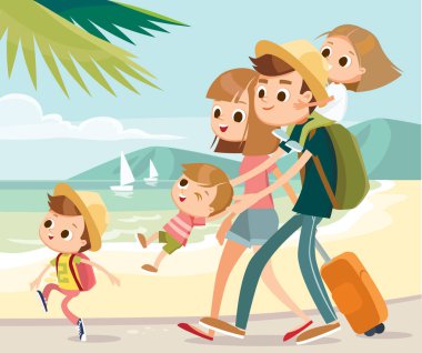 Mutlu aile tatil seashore tarafından yürüyüş