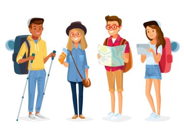 Turistler seyahat ekipman ile karikatür çizimi