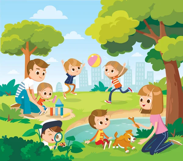 Parque Verano Con Niños Padres — Vector de stock