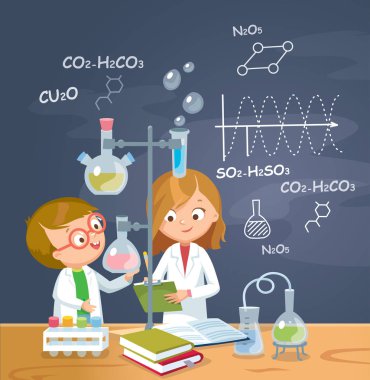 Children is studying chemistry in laboratory.  Vector illustration. Flat design.