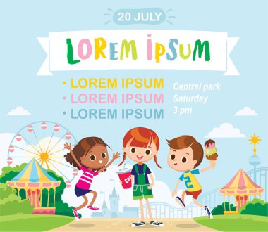 Eğlence Parkı, Tema Parkı, eğlence parkı. Carousel, lunapark treni. Zıplama, eğleniyor, heyecanlı, karnaval çocuk çocukluk, arkadaşlar. Komik çizgi film karakteri.