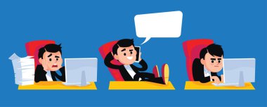 Scared, puzzled, confused, thinking, thoughtful, businessman.  Smilling business man talking on the phone. clipart