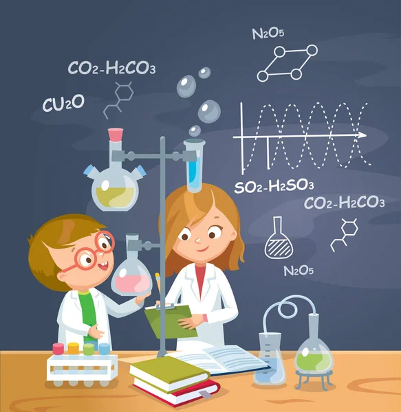 Παιδιά Σπουδάζει Χημεία Στο Εργαστήριο Εικονογράφηση Διάνυσμα Επίπεδη Σχεδίαση — Διανυσματικό Αρχείο