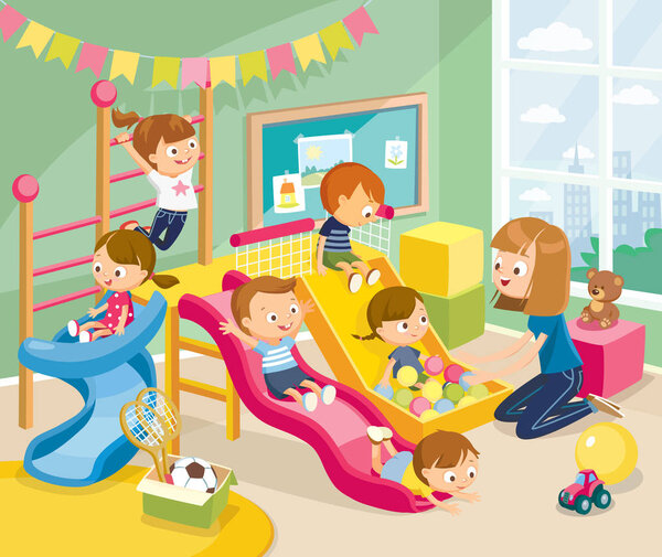 Дети веселятся в игровой комнате, на детской площадке. Мальчик рисует акварель. Векторная иллюстрация. Плоский дизайн
.