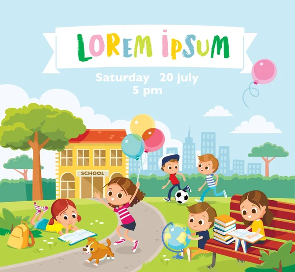 Akhir hari sekolah, tahun. Pupil saat istirahat di luar ruangan. Anak-anak bersenang-senang, bersemangat, melompat, melarikan diri. masa kecil, teman . — Stok Ilustrasi Akhir Hari Sekolah Tahun Pupil Saat Istirahat Luar Ruangan Anak Stok Ilustrasi Bebas Royalti