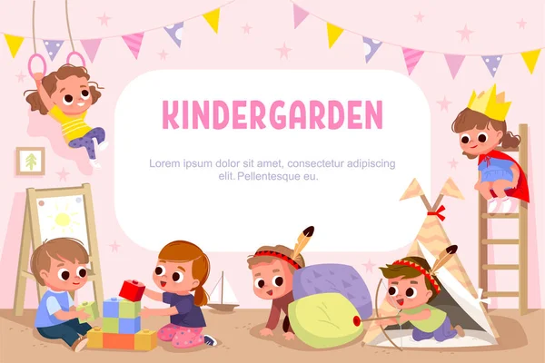 Bambini Giocano Insieme All Asilo Vettore Illustrazione Kindergarden — Vettoriale Stock