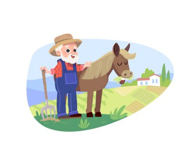 Atlı çiftçi. Kırsal kesim. Yaşlı MacDonald 