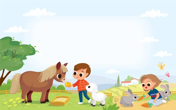 Kids Feed Animals Farm — Stock Vector