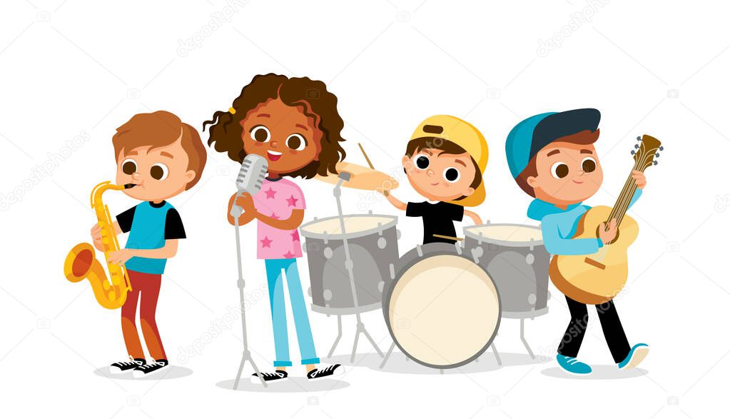 Child music band. Children playing music.Cartoon kids playing musical instruments and singing.