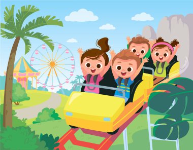 Hız treni. Lunaparktaki çocuklar. Çocuklar lunaparkta eğleniyor. Hız treni. Keyifli sürüşler.