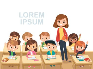 Sınıfta öğrencileri olan bir öğretmen. İlkokul çocukları. Çocuklar öğretmenlerini dinler..