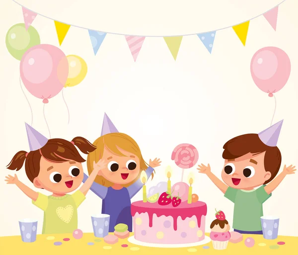 生日宴会上 快乐的孩子们拿着蛋糕和气球 邀请函海报 — 图库矢量图片