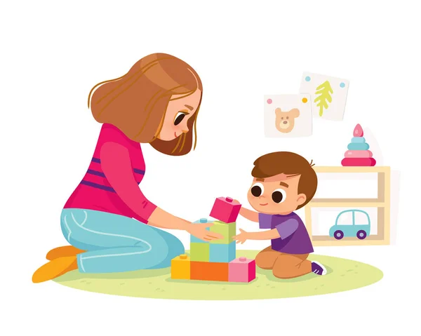 Mom Son Playing Kid Mother Little Son Raising Child — Stock Vector